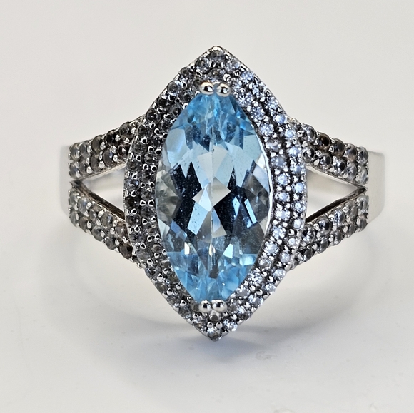 Vintage Sky Blue Topaz and White Zircon Sterling Silver Ring Size 10 - Picture 3 of 16